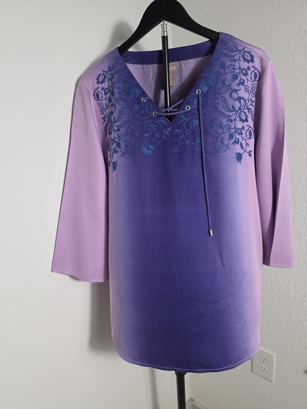 Chico's Size 2 Purple Ombre Embroidered Tunic Top Lace Up Boho Artisan Large